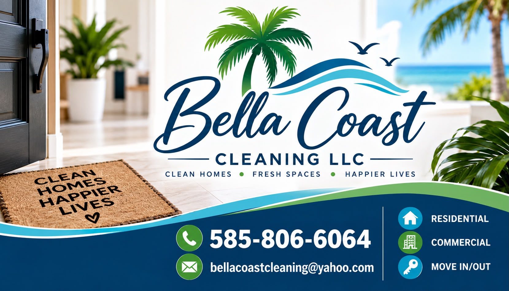 Bella Coast Cleaning LLC business card: residential, commercial and move in/out cleaning. Phone 585-806-6064.